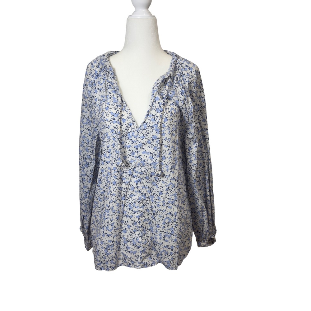 H&M Blue White Floral Tie Neck Blouse 100% Cotton Cottagecore Long‎ Sleeve